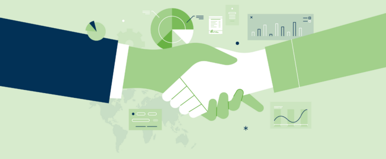 Blog header for the topic How to Generate Sales Proposals That Close that includes two animated hands in a handshake with graphs and charts around it